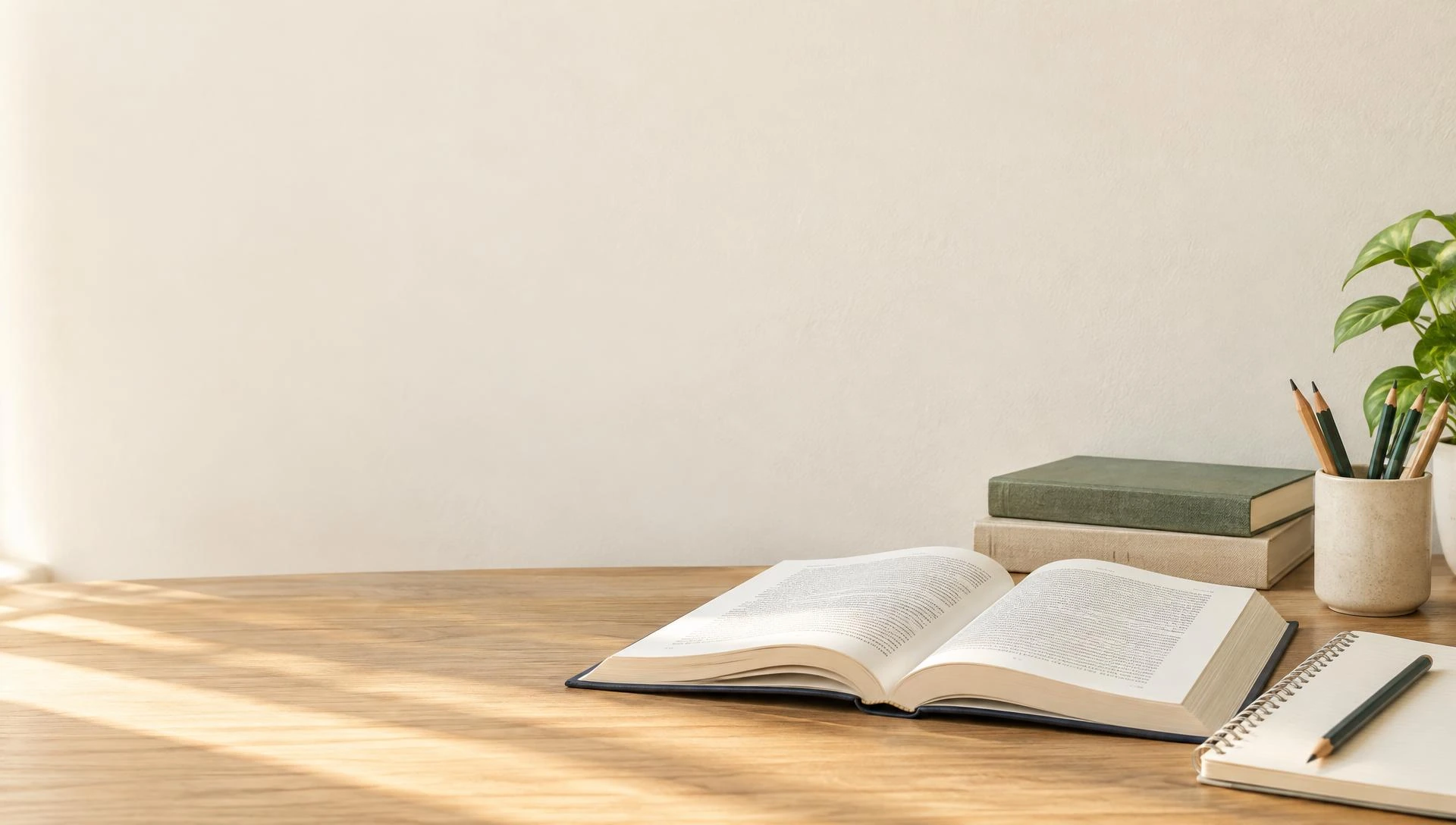 Illustrative daylight study setting with an open book and notebook, not Pathway premises