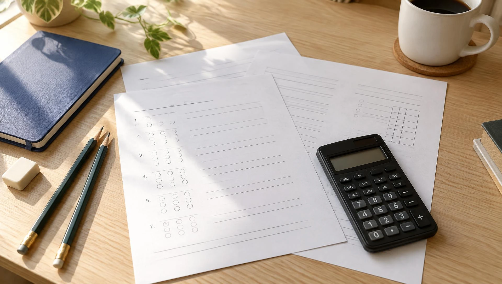 Illustrative practice materials, calculator and pencils