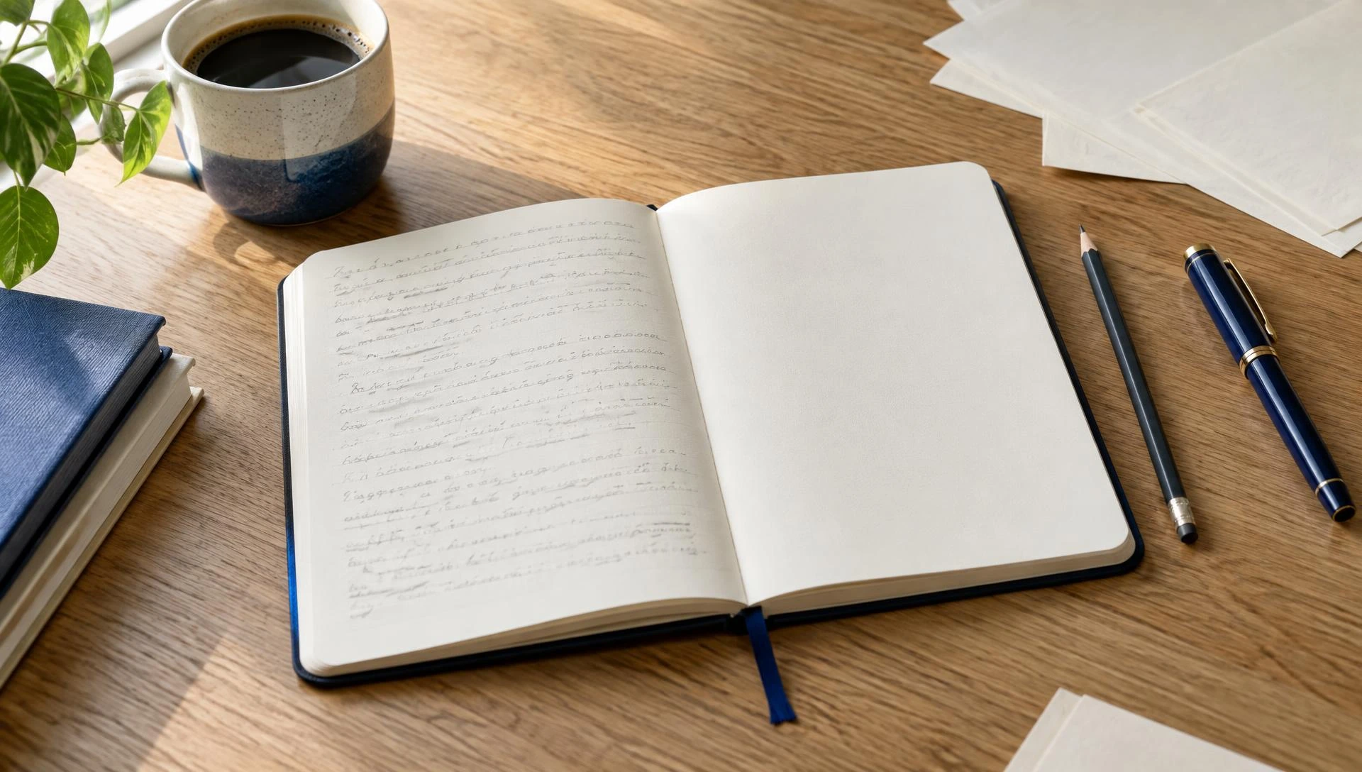 Illustrative notebook, pencil and pen for reviewing written work