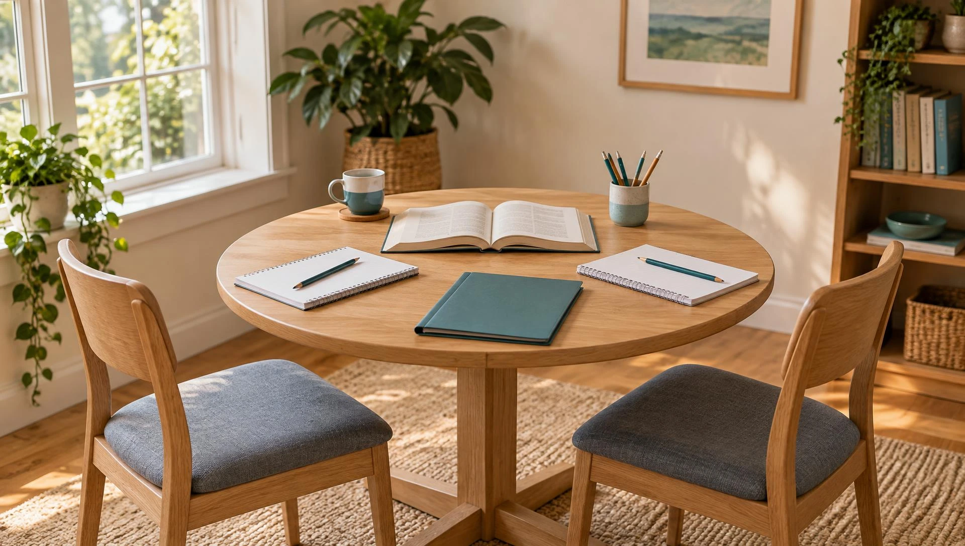Illustrative shared study arrangement with two chairs and learning materials, not an actual Pathway session