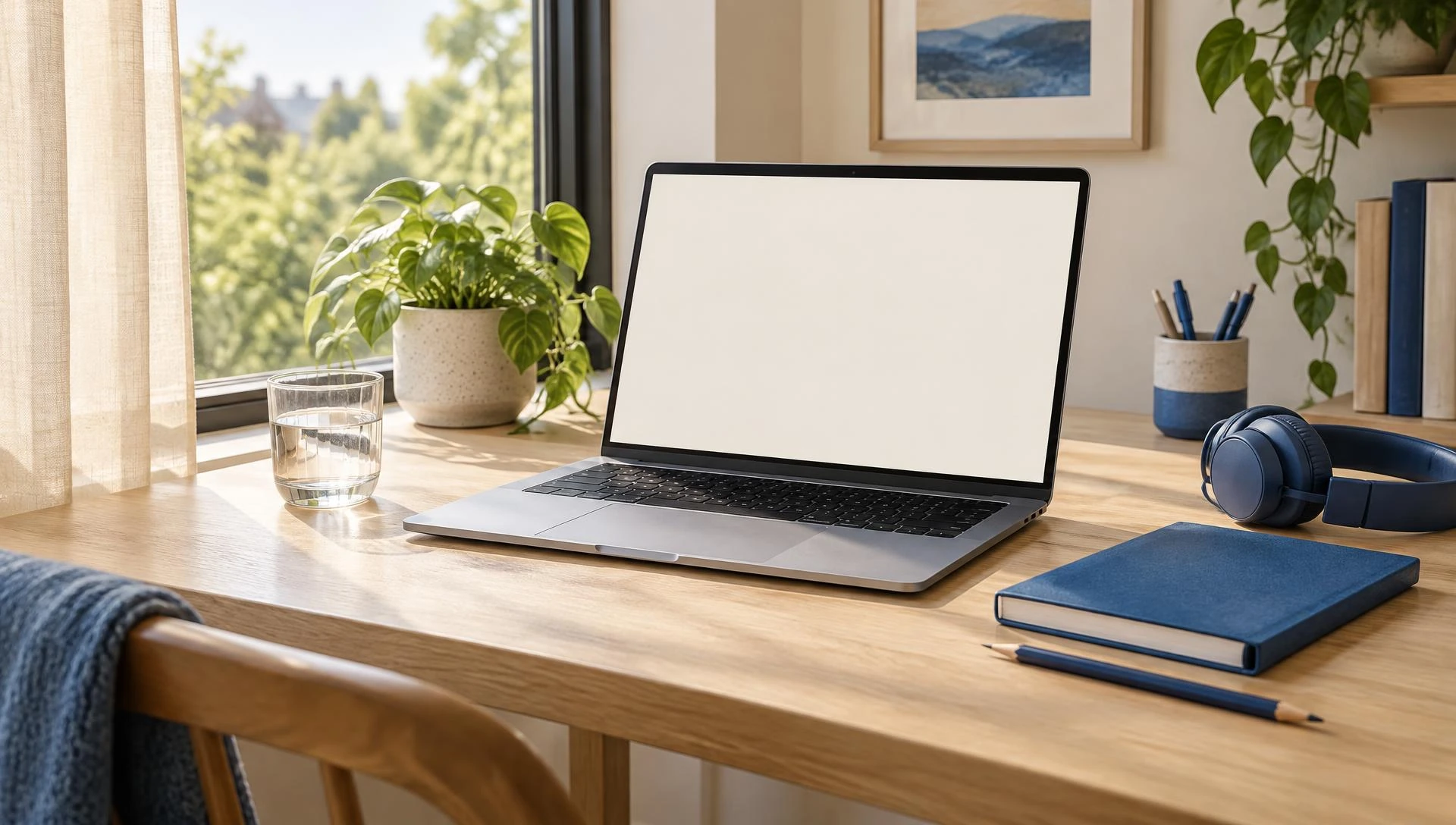 Illustrative laptop, headphones and learning materials ready for virtual study